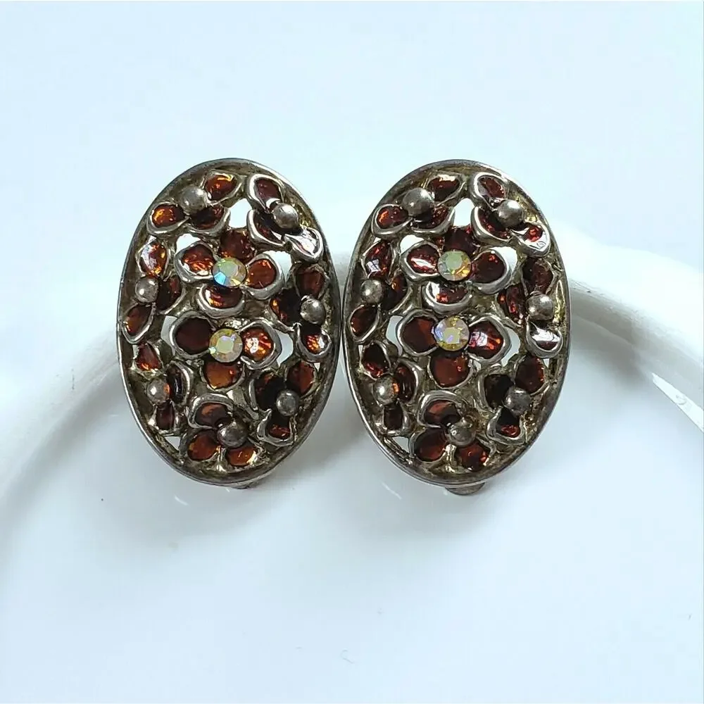 Vintage Earrings Silvertone Floral Enamel Rhinestone Classic Midcentury Clip Ons